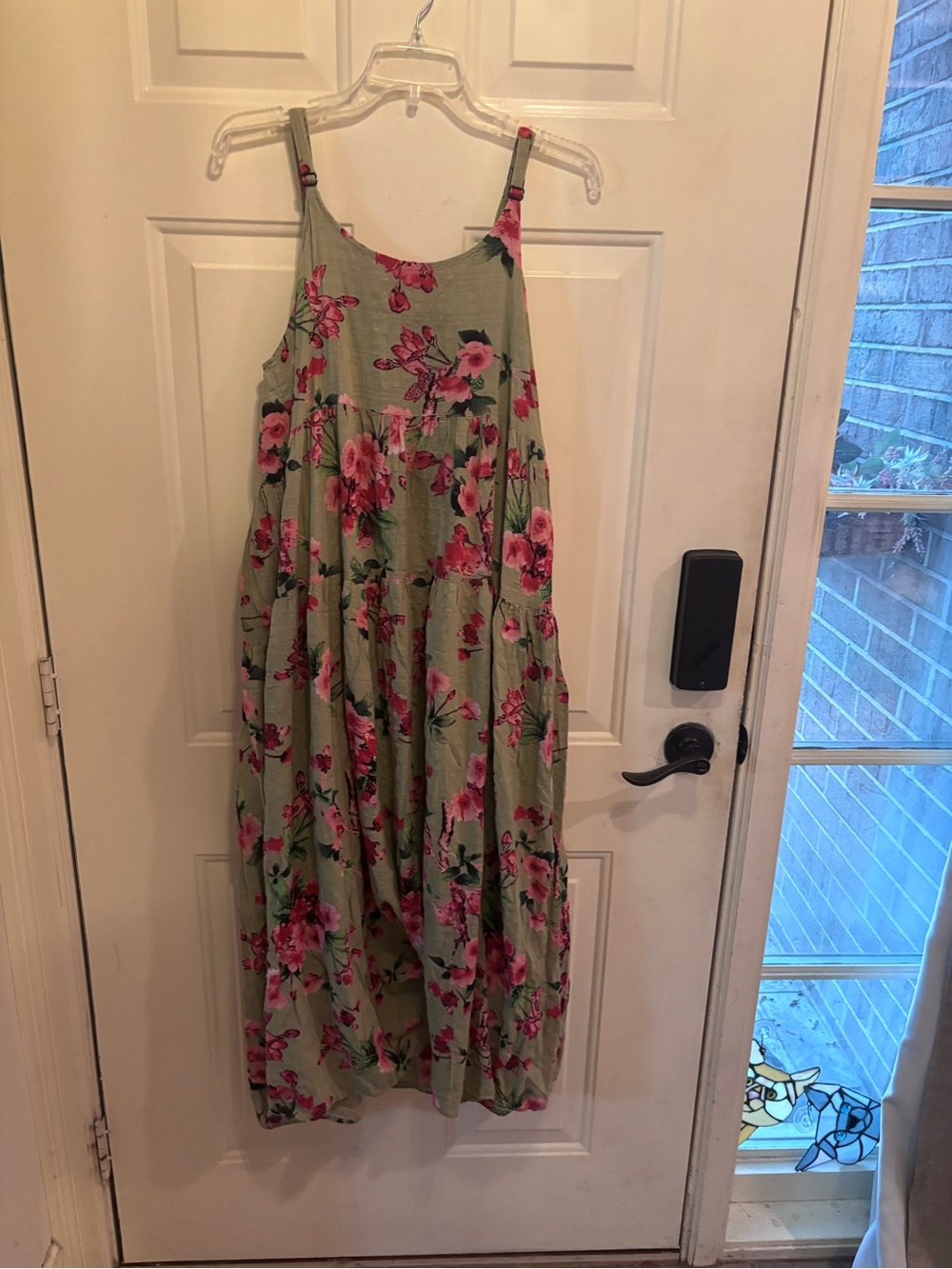 Olive Green Floral Midi Dress with Pink Blooms - Picture 3 of 5